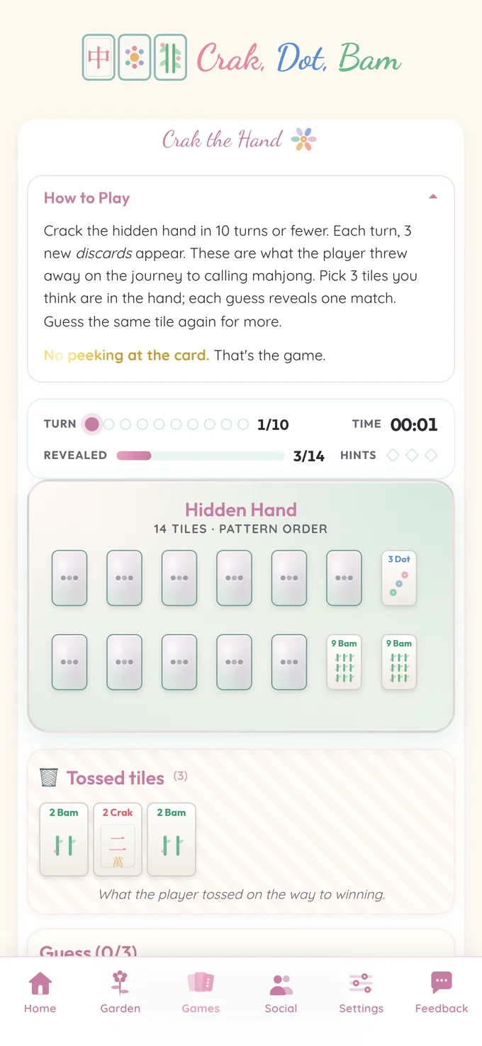 Crak the Hand mid-puzzle: turn one of ten, three of fourteen tiles revealed, the player's guesses laid out on a rack.